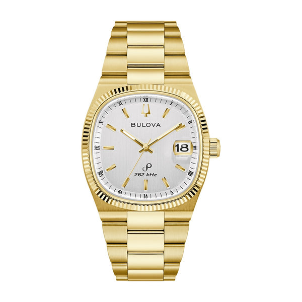 Bulova Super Seville with 38MM Silver-White Cushion Shaped Dial and Goldtone Stainless Steel Band. 97B223