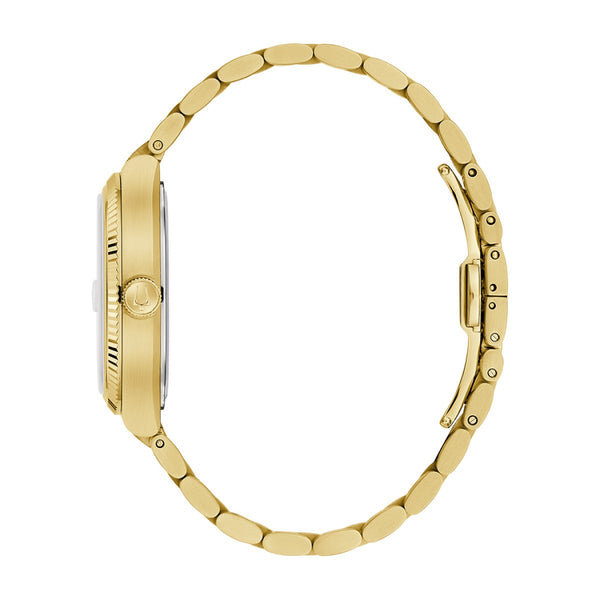 Bulova Super Seville with 38MM Silver-White Cushion Shaped Dial and Goldtone Stainless Steel Band. 97B223