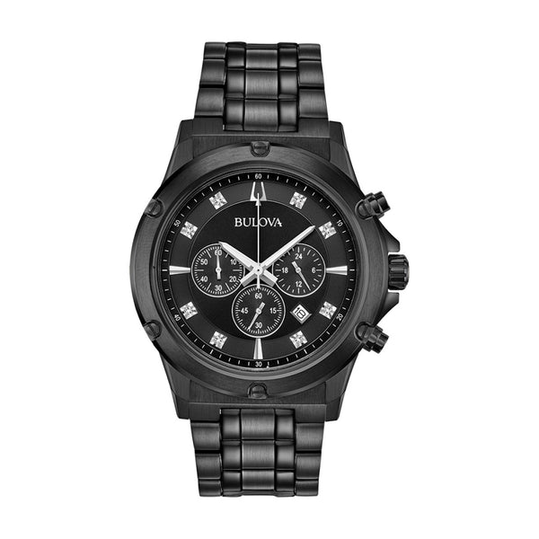 Bulova with 42MM Round Black Diamond Dial and Stainless Steel Band Box Set. 98K105