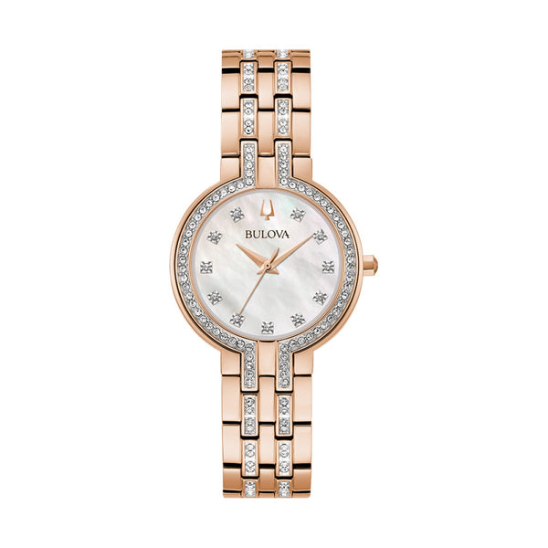 Bulova Crystal Box Set with 30MM Mother of Pearl Dial in Rosetone Stainless Steel. 98X135