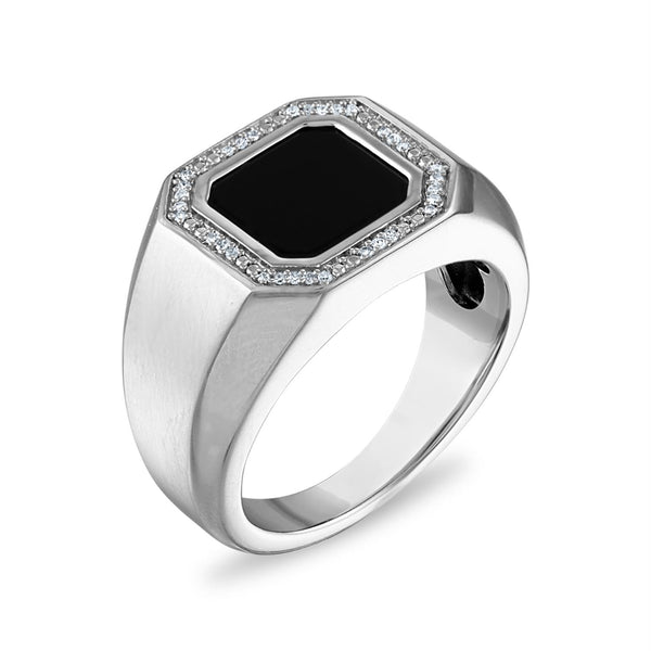 10MM Square Onyx and Diamond Ring in Rhodium Plated Sterling Silver