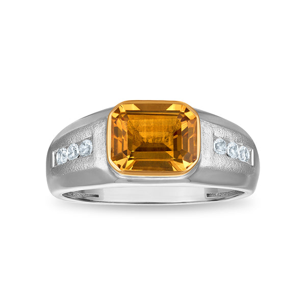 9X7MM Emerald Shape Citrine and White Sapphire Ring in Sterling Silver and 10K Yellow Gold