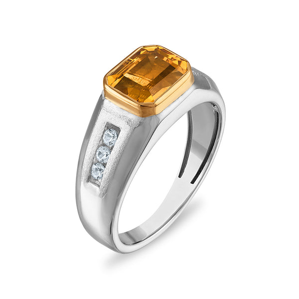 9X7MM Emerald Shape Citrine and White Sapphire Ring in Sterling Silver and 10K Yellow Gold