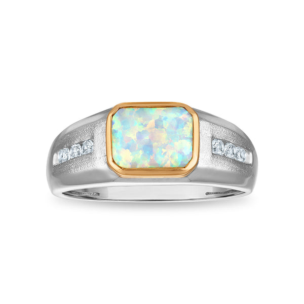 9X7MM Emerald Shape Opal and White Sapphire Ring in Sterling Silver and 10K Yellow Gold