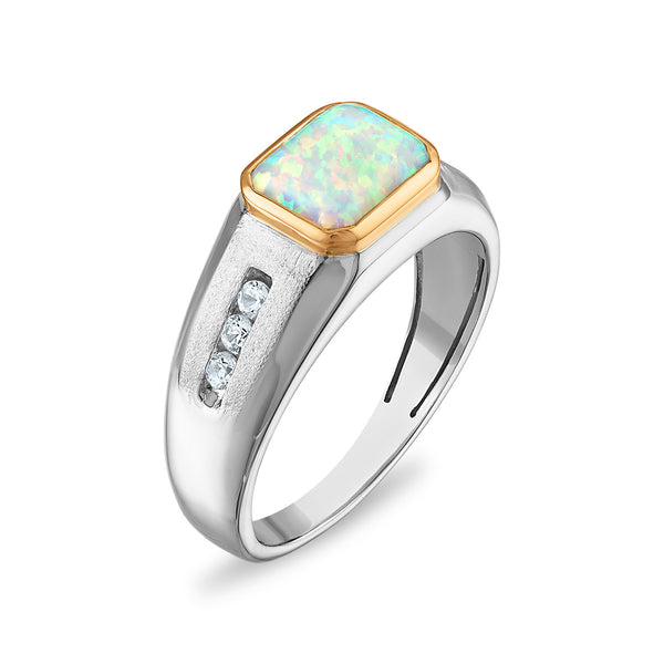 9X7MM Emerald Shape Opal and White Sapphire Ring in Sterling Silver and 10K Yellow Gold