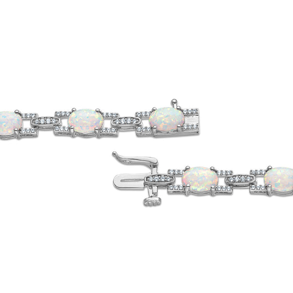 7X5MM Oval Opal and White Sapphire 7.5-inch Tennis Bracelet in Rhodium Plated Sterling Silver
