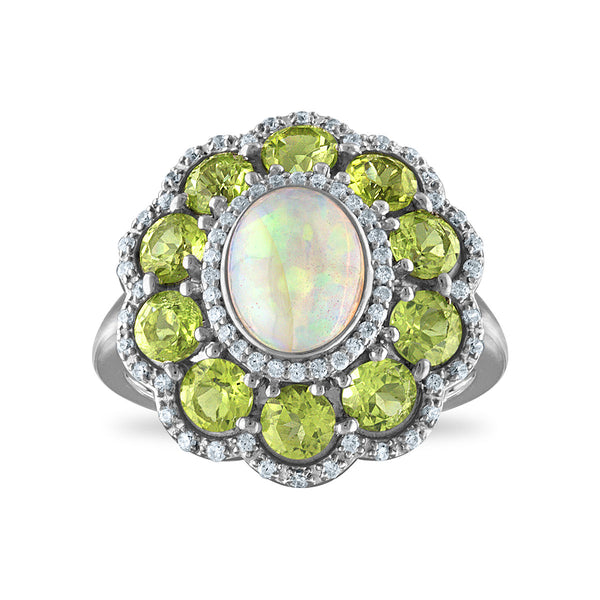9X7MM Oval Opal and Peridot Halo Ring in Sterling Silver