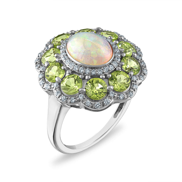 9X7MM Oval Opal and Peridot Halo Ring in Sterling Silver