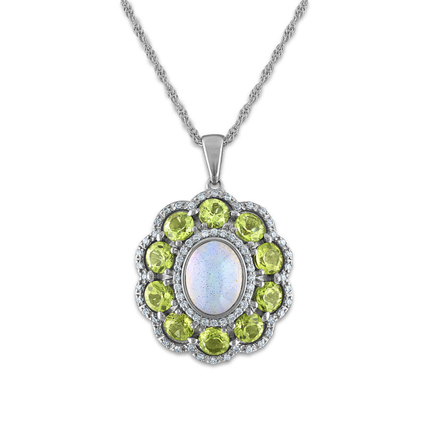 9X7MM Oval Opal and Peridot Halo 18-inch Pendant in Sterling Silver