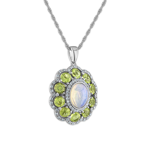 9X7MM Oval Opal and Peridot Halo 18-inch Pendant in Sterling Silver