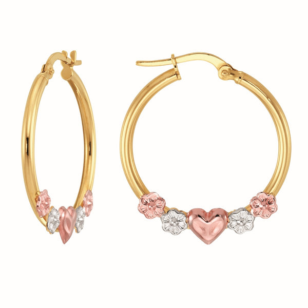 10KT Tri-Color Gold Heart Flower Hoop Earrings