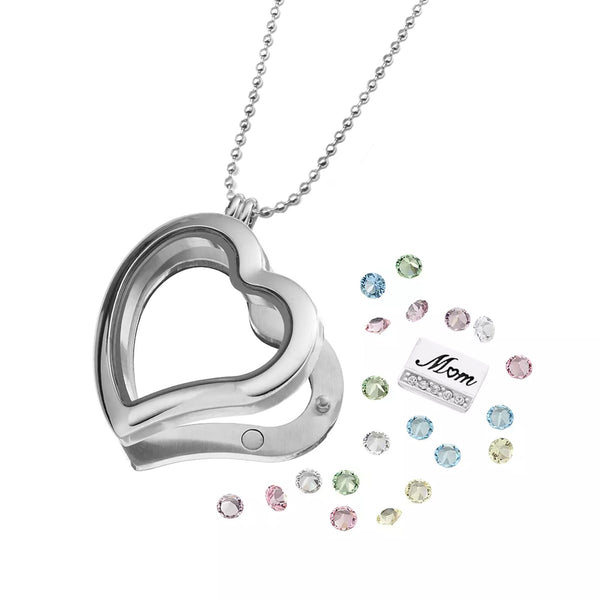 Stainless Steel and Crystals Heart Mom Locket