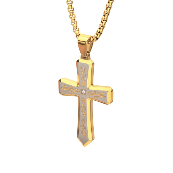 Inox Natural Diamond Accent 24-inch Cross Pendant in 18KT Gold IP Stainless Steel