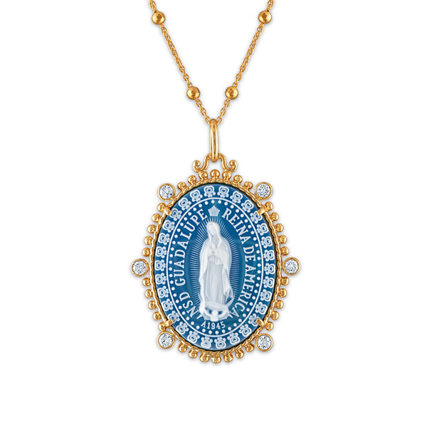 Frank Ronay Collection Blue Agate and Cubic Zirconia 30X23MM 26-inch Guadalupe Pendant in 18KT Yellow Gold Plated Sterling Silver