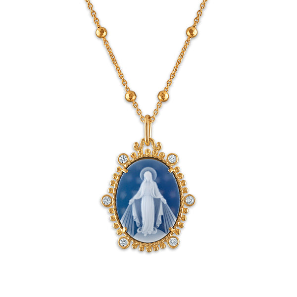 Frank Ronay Collection Blue Agate and Cubic Zirconia 20X16MM 18-inch Virgen Milagrosa Pendant in 18KT Yellow Gold Plated Sterling Silver
