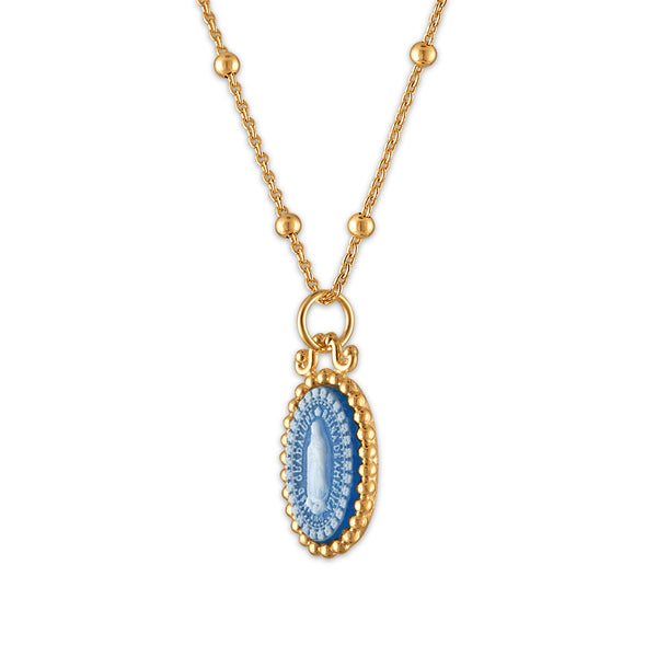 Frank Ronay Collection Blue Agate 15X10MM 18-inch Guadalupe Pendant in 18KT Yellow Gold Plated Sterling Silver