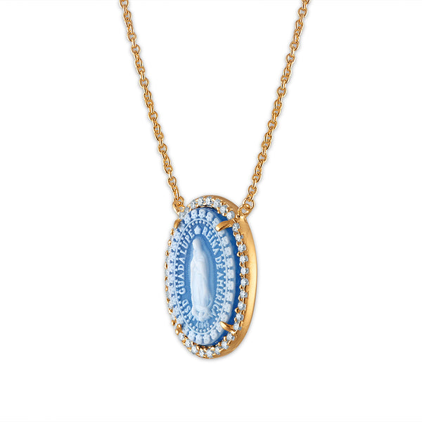 Frank Ronay Collection Blue Agate and Cubic Zirconia 19X15MM 18-inch Guadalupe Pendant in 18KT Yellow Gold Plated Sterling Silver