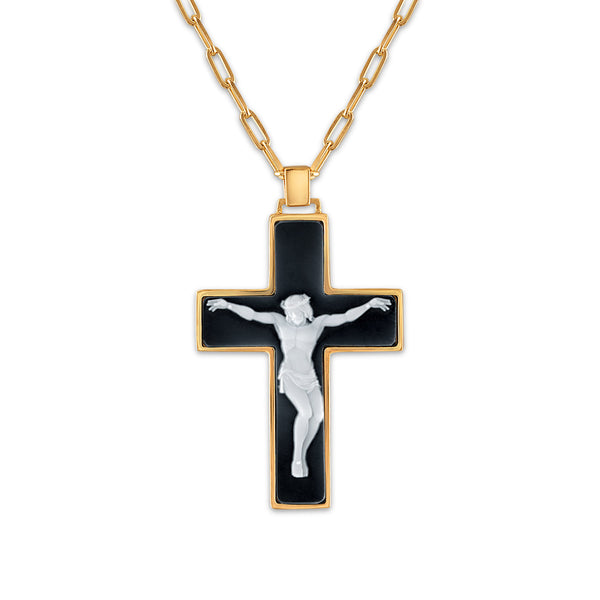 Frank Ronay Collection Black Agate 44X32MM 30-inch Crucifix Pendant in 18KT Yellow Gold Plated Sterling Silver
