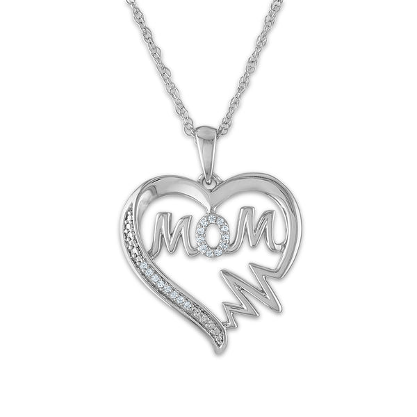 1/16 CTW Diamond Mom Heart 18" Pendant in 10KT White Gold Plated Sterling Silver