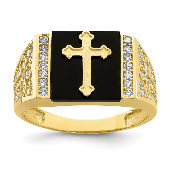 Onyx and Cubic Zirconia Cross Ring in 10KT Yellow Gold; Size 10