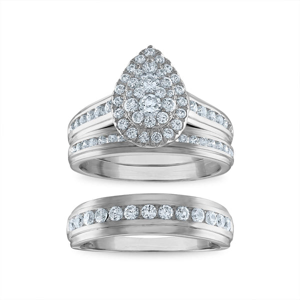1-1/2 CTW Lab Grown Diamond Halo Pear Shaped Wedding Trio Set in 10KT White Gold