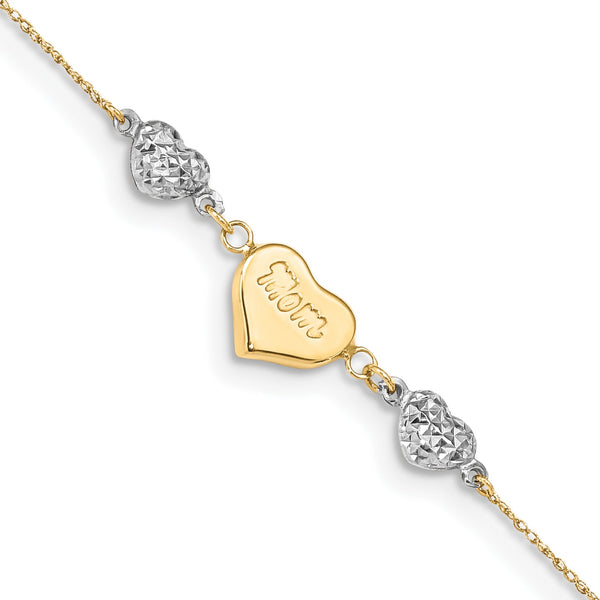 14KT White and Yellow Gold 7" Diamond-cut Mom Heart Bracelet