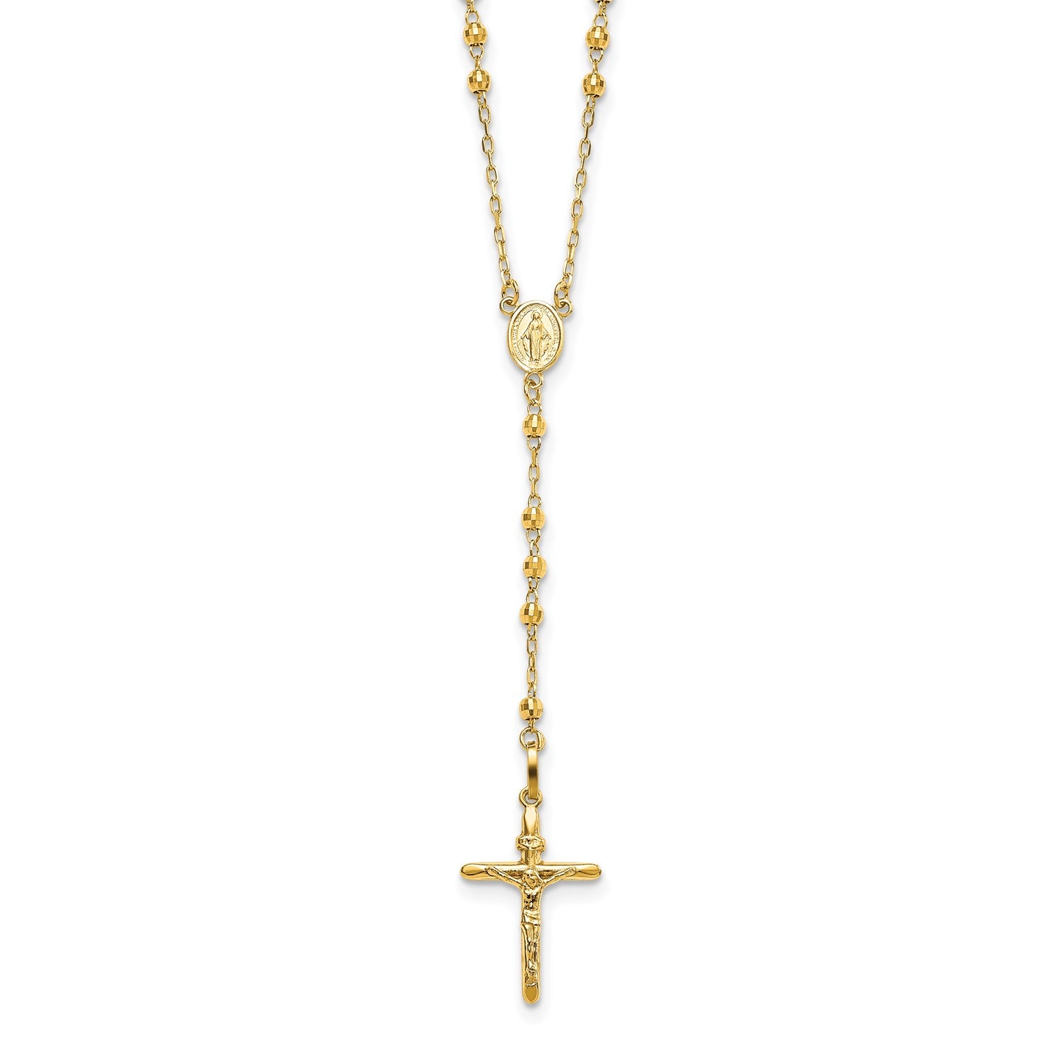 14KT Yellow Gold 24 inch Diamond cut Lobster Clasp Beaded Rosary Necklace