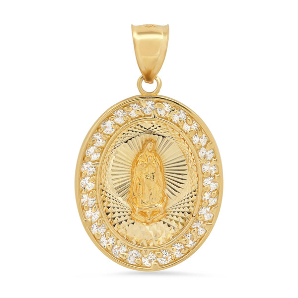 14KT Yellow Gold Cubic Zirconia 37X24MM Guadalupe Medal Charm