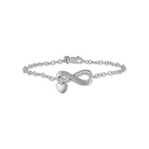 1/10 CTW Diamond 7" Infinity Heart Hope Faith Courage Bracelet in Rhodium Plated Sterling Silver
