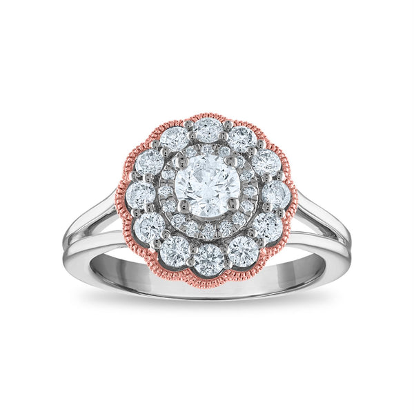 1 CTW Diamond Cluster Flower Shaped Ring in 10KT White and Rose Gold