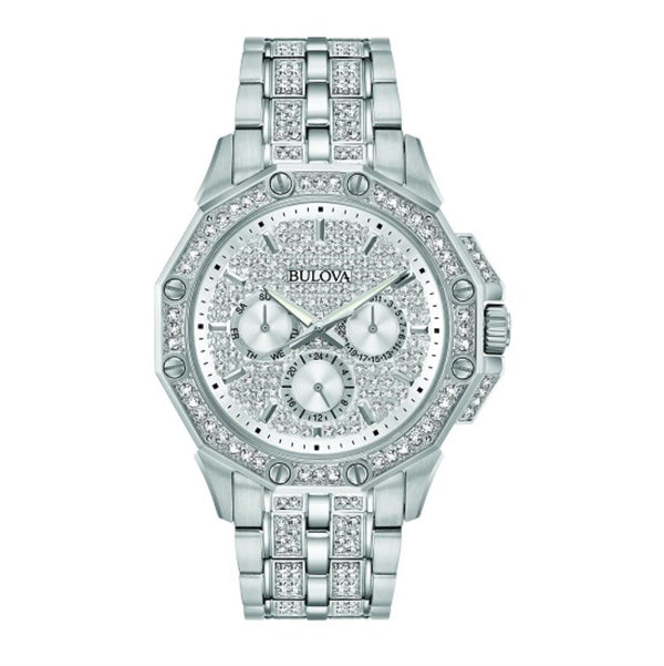 Bulova Crystal Collection with 41X41 MM Silvertone Round Dial Stainless Steel Watch Band; 96C134