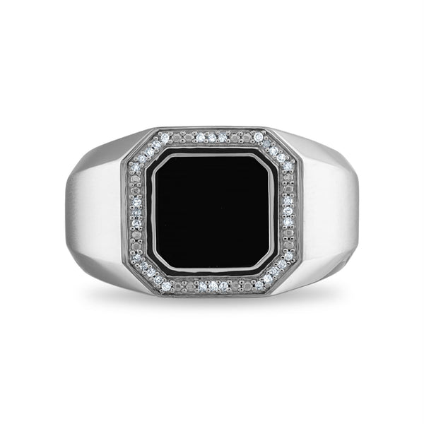 10MM Square Onyx and Diamond Ring in Rhodium Plated Sterling Silver