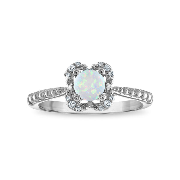5MM Round Opal and White Sapphire Birthstone Flower Halo Ring in Sterling Silver