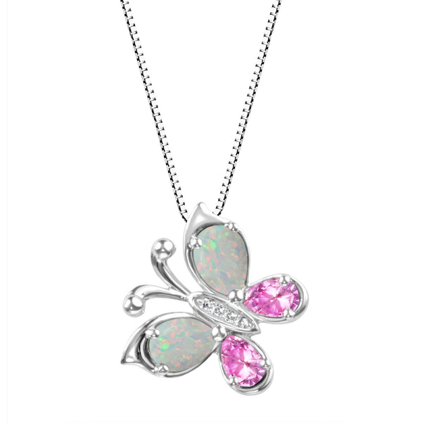 6X4MM Opal and White Sapphire Butterfly 18" Pendant in Sterling Silver