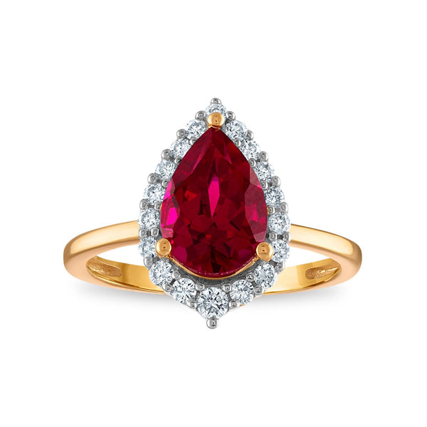 LoveSong EcoLove 10X7MM Pear Ruby and Diamond Halo Ring in 10KT Yellow Gold