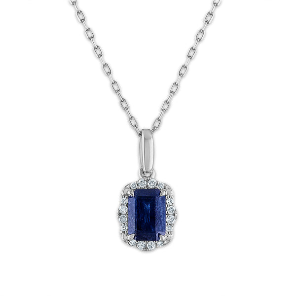 LoveSong 7X5MM Emerald Shape Sapphire and Diamond Halo Pendant in 10KT White Gold