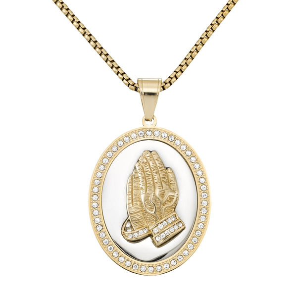 King by Simone I Smith Two-Tone Stainless Steel and Crystal 50X35MM 24" Praying Hands Pendant
