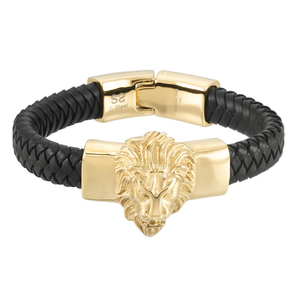 King by Simone I Smith Yellow Stainless Steel 9" 11MM Lion Head and Leather Bracelet