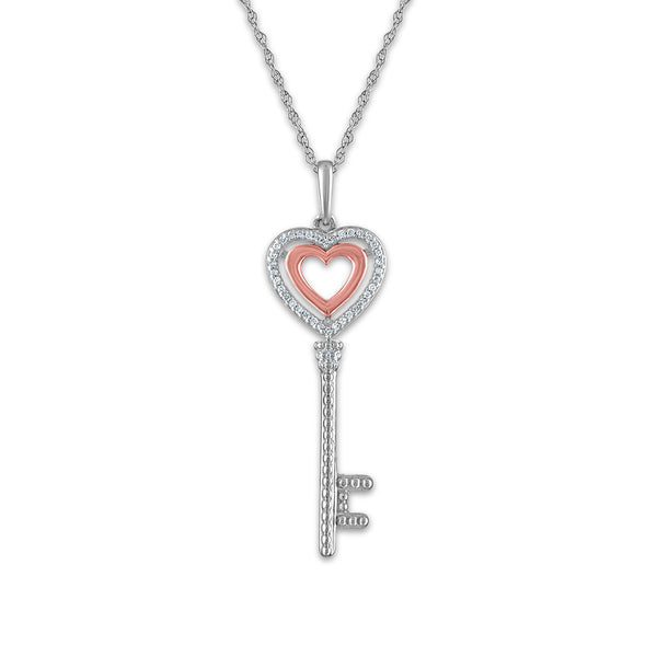 LoveSong 1/16 CTW Diamond Heart Key 18" Pendant in 10KT White Gold Plated Sterling Silver