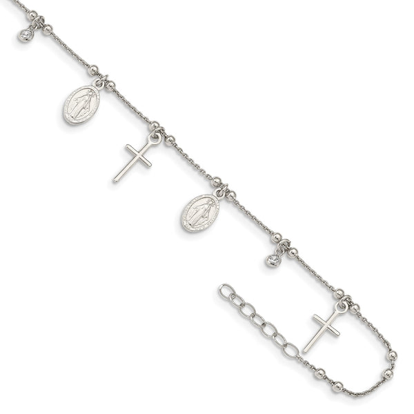 Sterling Silver Cubic Zirconia 10" Cross Religious Anklet