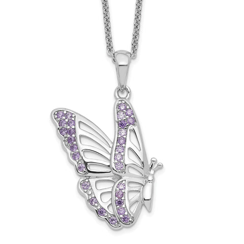 Sterling Silver CZ Never Give Up Purple Butterfly 18