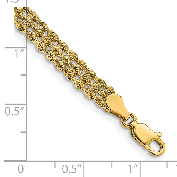 14KT Yellow Gold 7-inch 5.5MM Diamond-cut Rope Triple Strand Bracelet