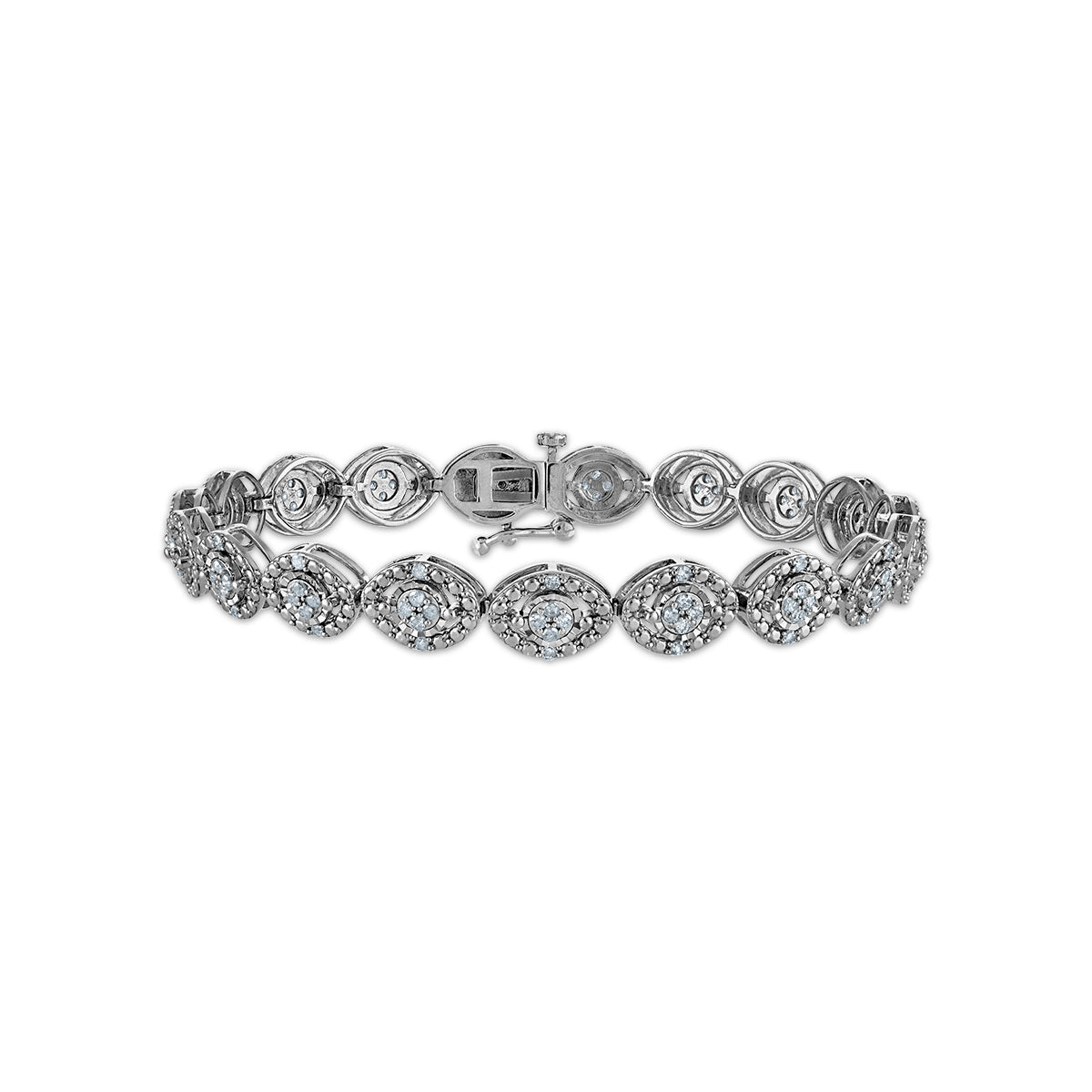 1 CTW Natural Diamond Cluster 7-inch Tennis Bracelet in Rhodium Plated Sterling Silver