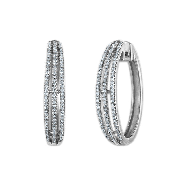 1/2 CTW Natural Diamond Hoop Earrings in Rhodium Plated Sterling Silver