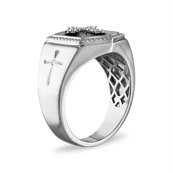 1/10 CTW Natural Diamond Cross Black Enamel Ring in Sterling Silver