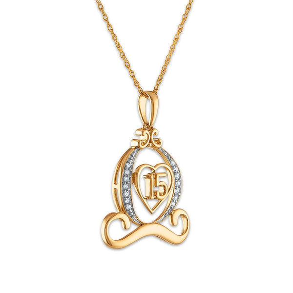 1/25 CTW Natural Diamond Quinceanera Carriage Heart 18-inch Pendant in 10KT Yellow Gold