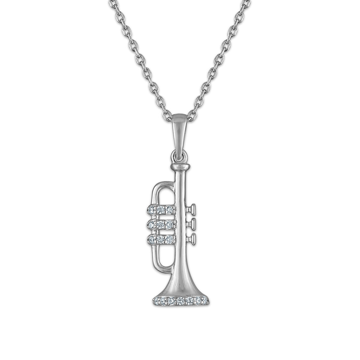 Natural Diamond Accent Trumpet 18-inch Pendant in Rhodium Plated Sterling Silver