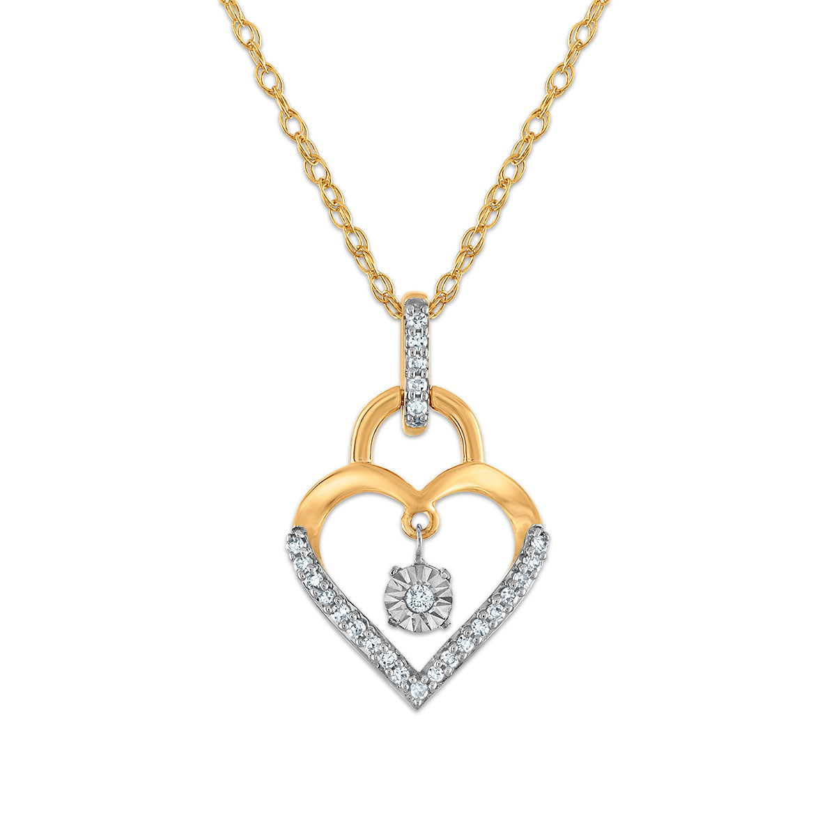 Diamond Accent 18-inch Heart Lock Pendant in 10KT Yellow Gold
