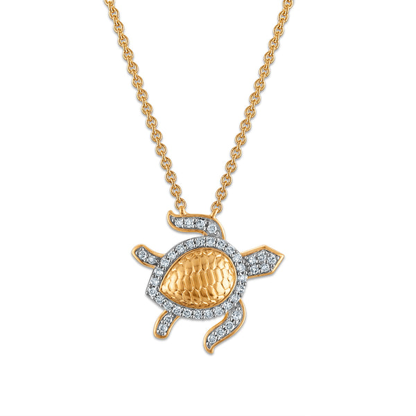 Natural Diamond Accent 18-inch Turtle Pendant in Yellow Gold Plated Sterling Silver