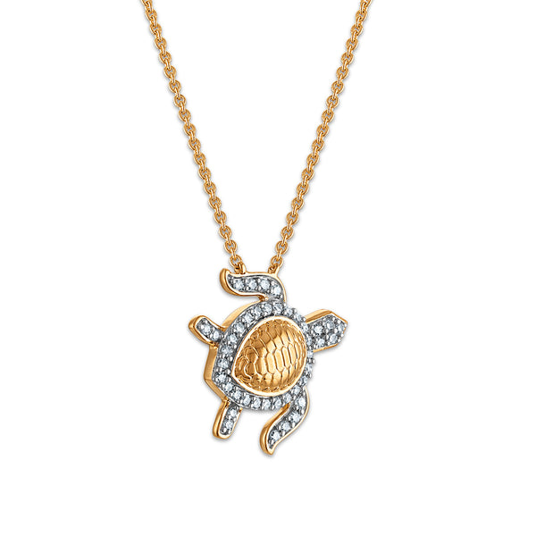 Natural Diamond Accent 18-inch Turtle Pendant in Yellow Gold Plated Sterling Silver